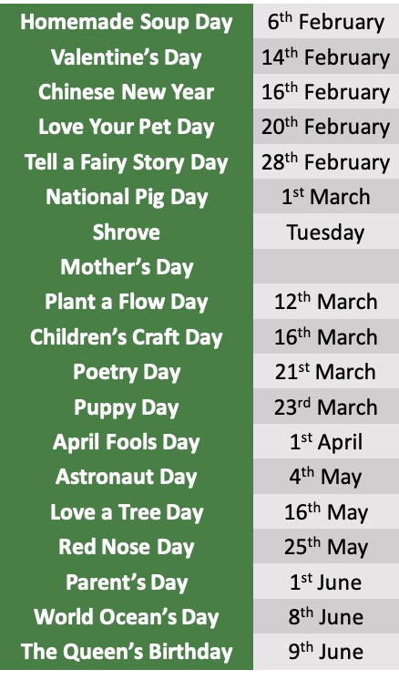 Nursery and Forest School events calendar January to June