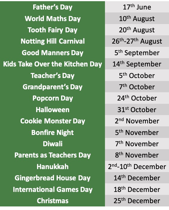 Nursery and Forest School events calendar July to December