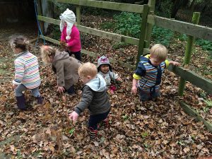 This image shows children from the nursery and forest school picking up leaves near a fence to show the difference in the outdoor living between a nursery and a forest school.